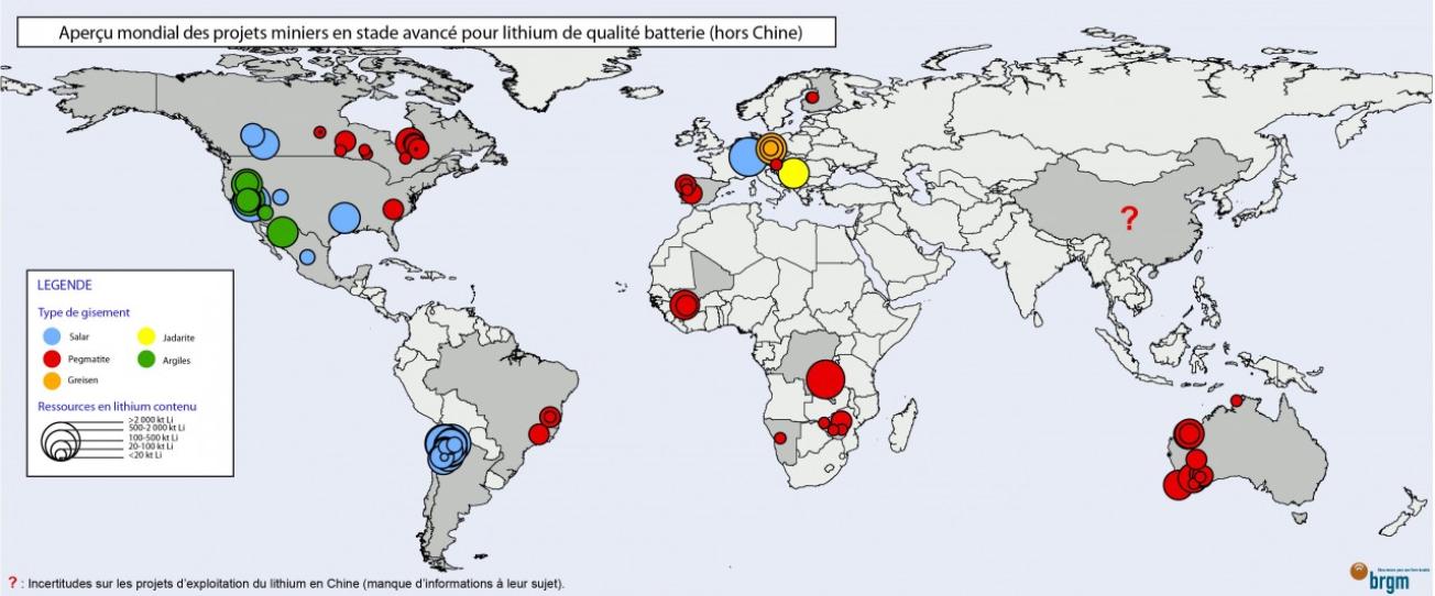 Aperçu mondial des projets miniers en stade avancé pour lithium de qualité batterie (hors Chine)