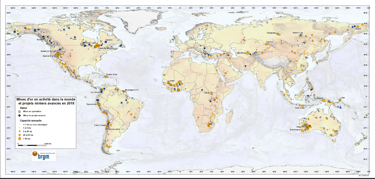 Mines d'or en activité dans le monde et projets miniers avancés en 2018