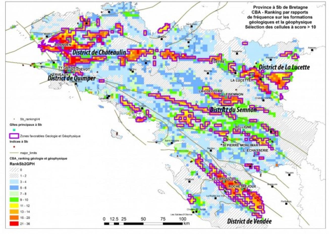 Carte de favorabilité en antimoine du Massif armoricain