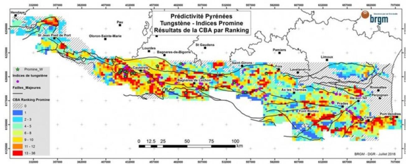  Carte des résultats de la prédictivité W par la méthode CBA par ranking à l’échelle des Pyrénées.