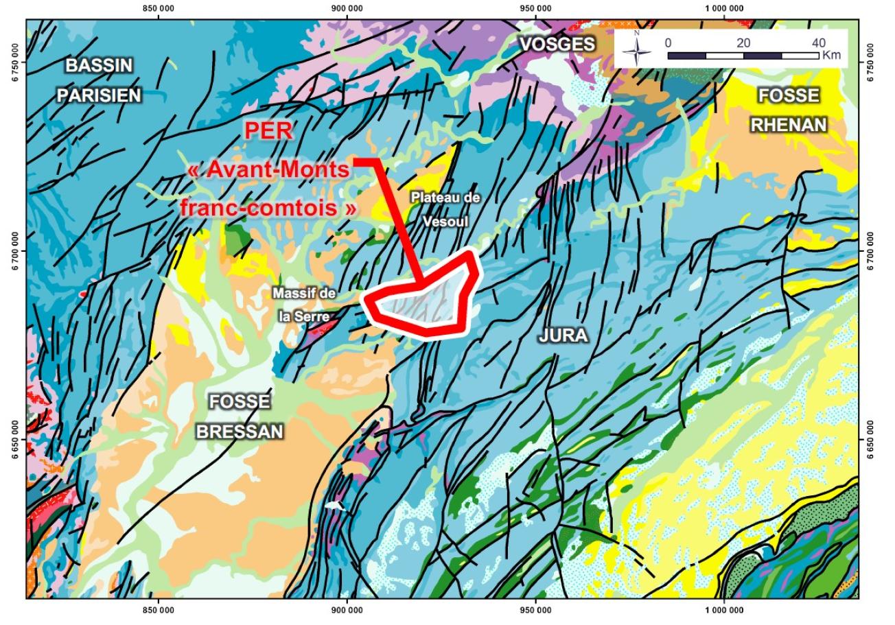 Localisation du permis sollicité sur la carte géologique régionale