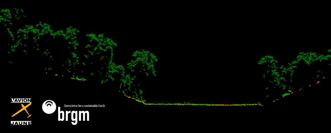 Nuage de points 3D perpendiculairement à une vallée alluviale, suite à une acquisition lidar par drone