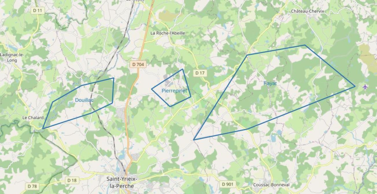 Localisation des trois PER "Douillac", "Fayat" et "Pierrepinet"