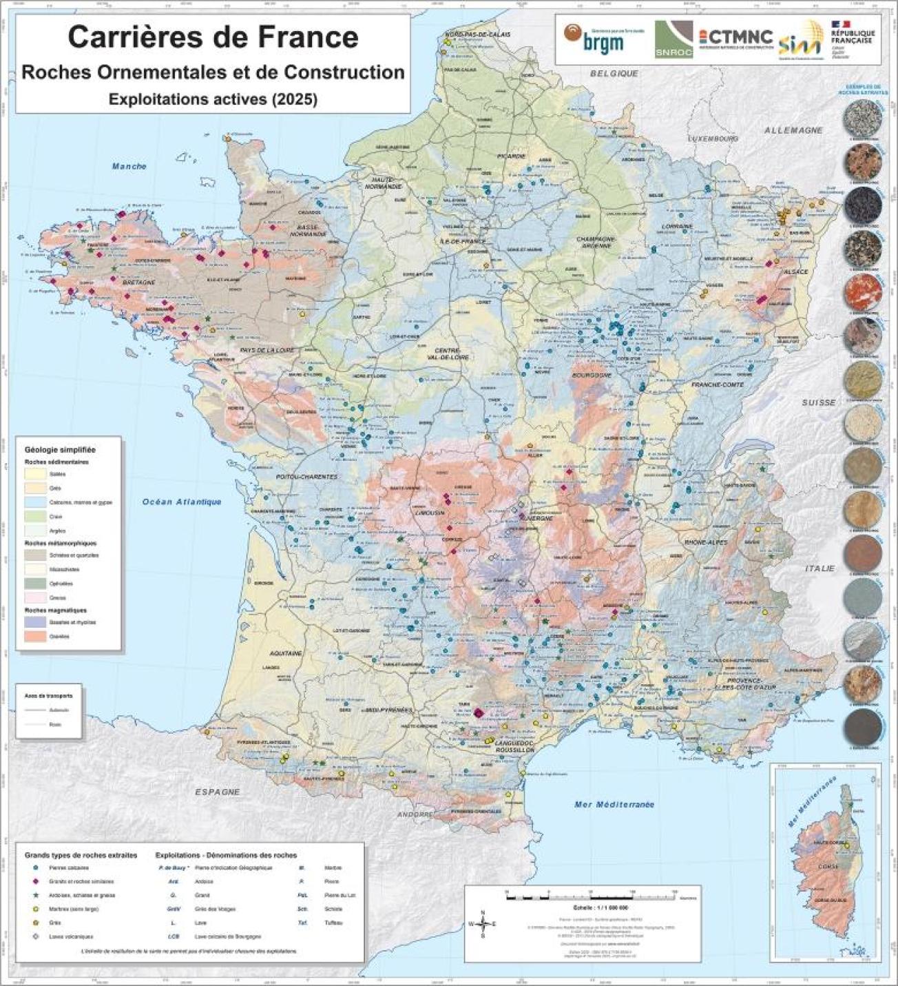 Carte Carrières de France - Roches ornementales et de construction - Exploitations actives (2025)