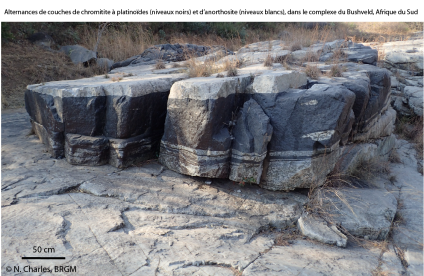 Alternance de couches de chomitite à platinoïdes (niveaux noires) et d'anorthosite (niveaux blancs) dans le complexe du Bushveld (Afrique du Sud)
