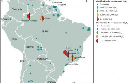 Distribution des différents indices et gisements de tantale et niobium en Amérique du Sud en fonction de leurs teneurs respectives