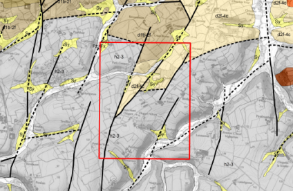 Capture de la carte du périmètre demandé pour permis exclusif de recherches de mines dit "Permis Lopérec 2", sur fond de carte géologique.