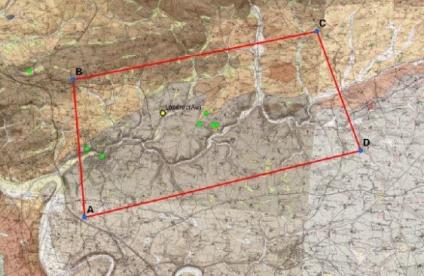 Capture de la carte du périmètre demandé pour permis exclusif de recherches de mines dit "Permis Penlan", sur fond de carte géologique.