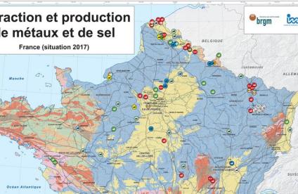 Carte des extractions et productions de métaux et de sel – France (Situation 2017)