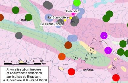 Anomalies géochimiques et occurrences associées à l’indice de Beauvain