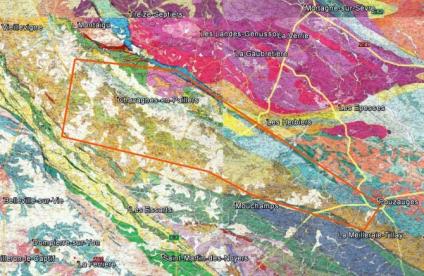 Capture de la carte du périmètre demandé pour permis exclusif de recherches de mines dit "Permis Vendrennes", sur fond de carte géologique.