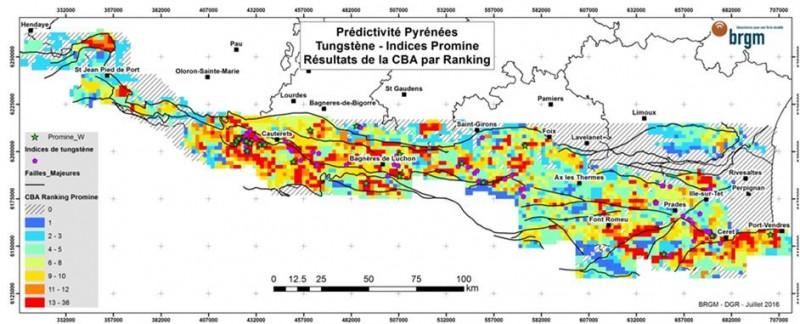 Carte des résultats de la prédictivité W par la méthode CBA par ranking à l’échelle des Pyrénées.