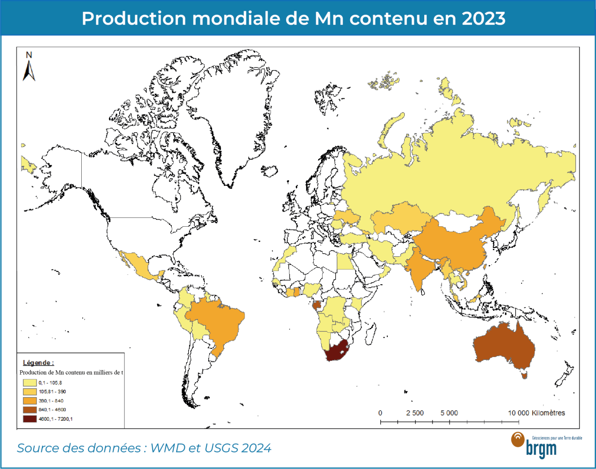 Carte des producteurs miniers de manganèse en 2023