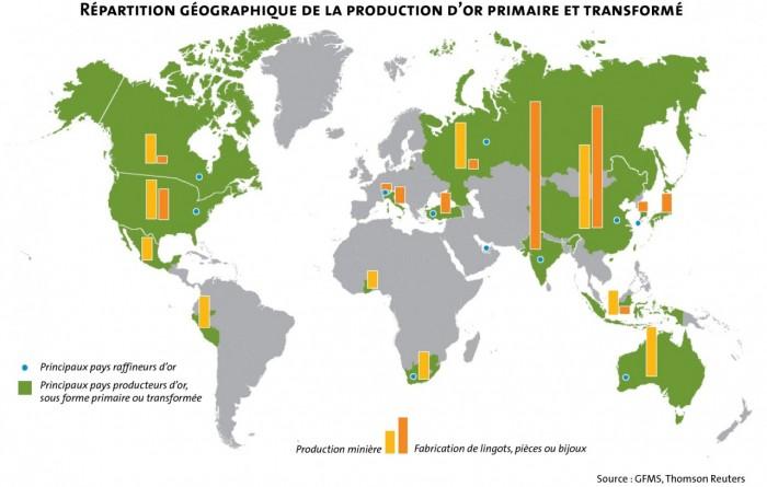 Répartition géographique de la production d'or primaire et transformé - © BRGM, GFMS, Thomson Reuters Répartition géographique de la production d'or primaire et transformé
