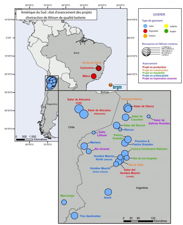 Amérique du Sud : état d'avancement des projets d'extraction de lithium de qualité batterie - © BRGM Amérique du Sud : état d'avancement des projets d'extraction de lithium de qualité batterie