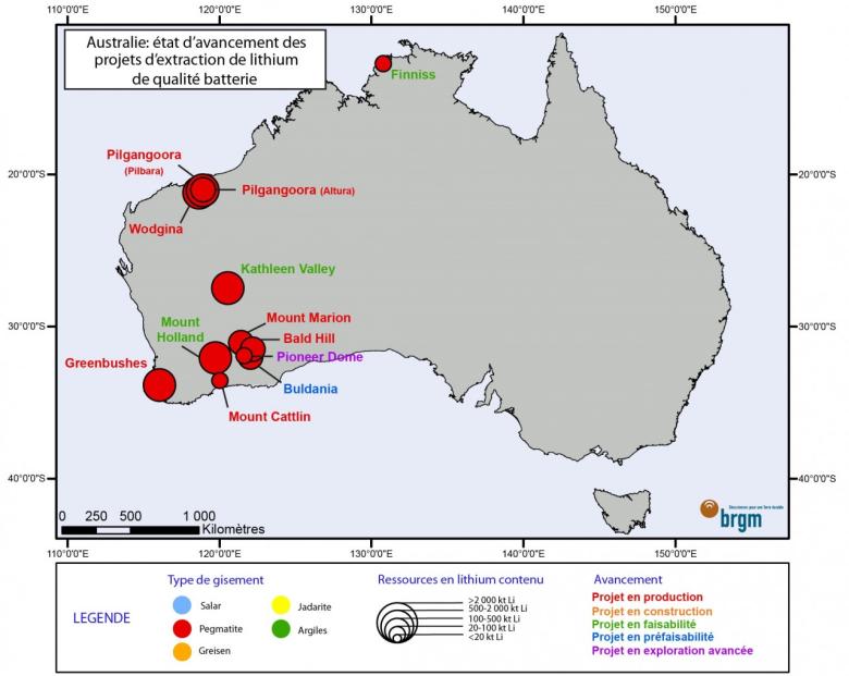 Australie : état d'avancement des projets d'extraction de lithium de qualité batterie - © BRGM Australie : état d'avancement des projets d'extraction de lithium de qualité batterie