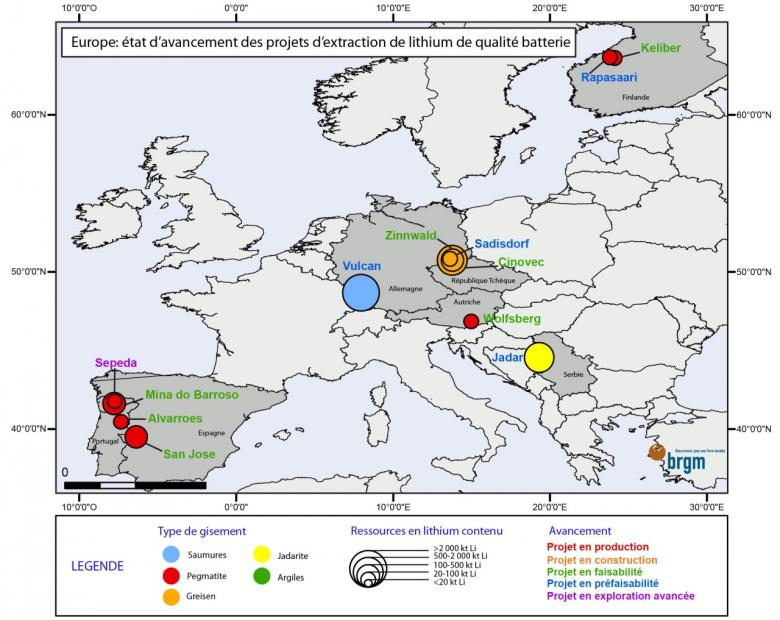 Europe : état d'avancement des projets d'extraction de lithium de qualité batterie - © BRGM Europe : état d'avancement des projets d'extraction de lithium de qualité batterie