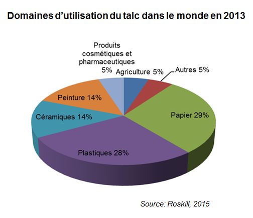 Domaines d'utilisation du talc dans le monde en 2013 - © BRGM, Roskill 2015 Domaines d'utilisation du talc dans le monde en 2013