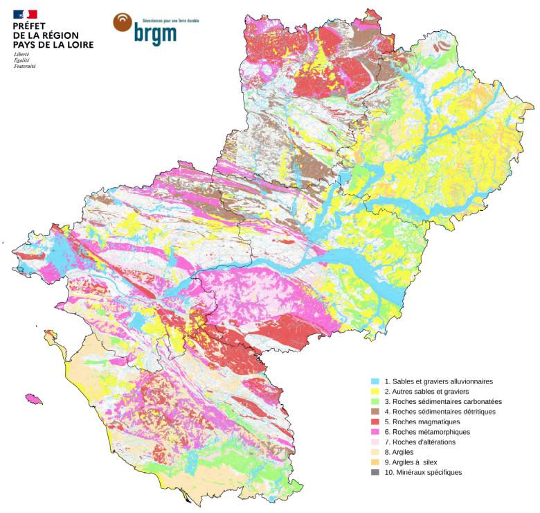Schéma régional des carrières de la région Pays de la Loire - Carte de la ressource selon les grandes lithologies