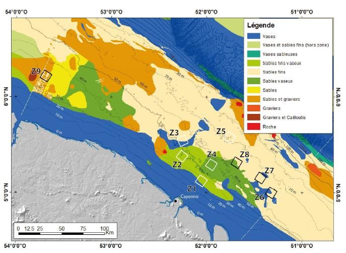 Nature du fond marin pour les différentes zones d'intérêt identifiées